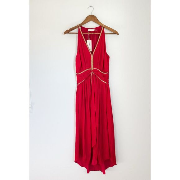 Ramy Brook Melanie Smocked Midi Dress Red Rouge Beaded NWT Size Small - Picture 2 of 5